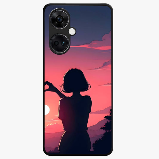 Sunset Silhouette Boy Glass Case for 1+Nord Ce 3 artistic front view featuring boy silhouette against warm sunset backdrop