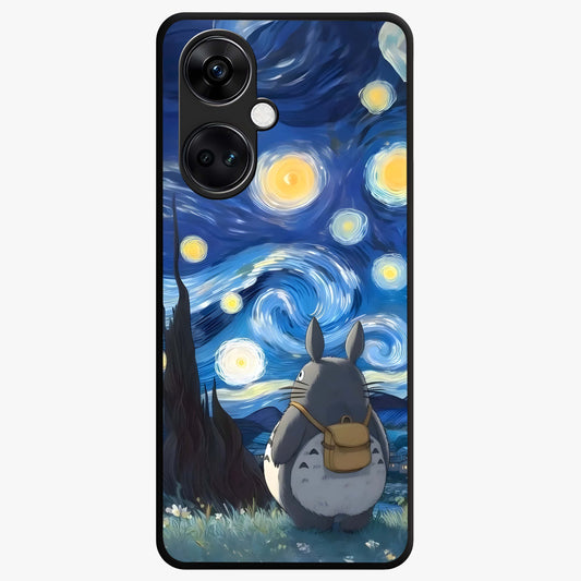 Totoro in Van Gogh Art Glass Case for 1+Nord Ce 3 artistic front view featuring whimsical character artwork in painterly style