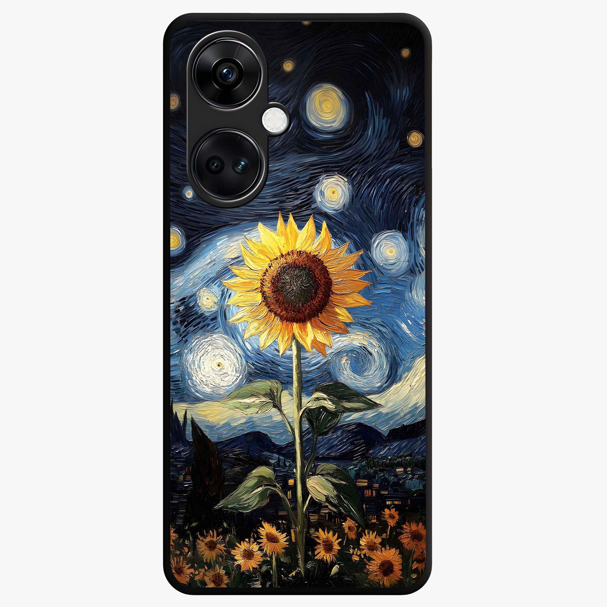 Van Gogh Sunflower Glass Case for 1+Nord Ce 3 vibrant front view featuring sunflower artwork in painterly style