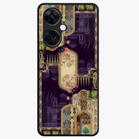 Velvet Mughal Art Glass Case for 1+Nord Ce 3 luxurious front view featuring intricate Mughal inspired artwork