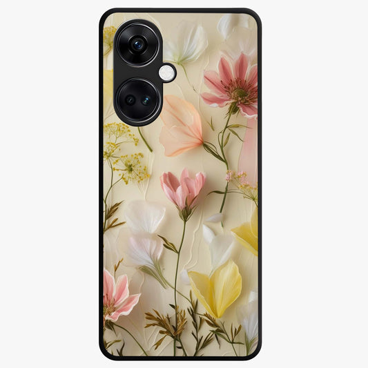 Whispering Petal Harmony Glass Case for 1+Nord Ce 3 elegant front view featuring soft floral artwork in pastel tones