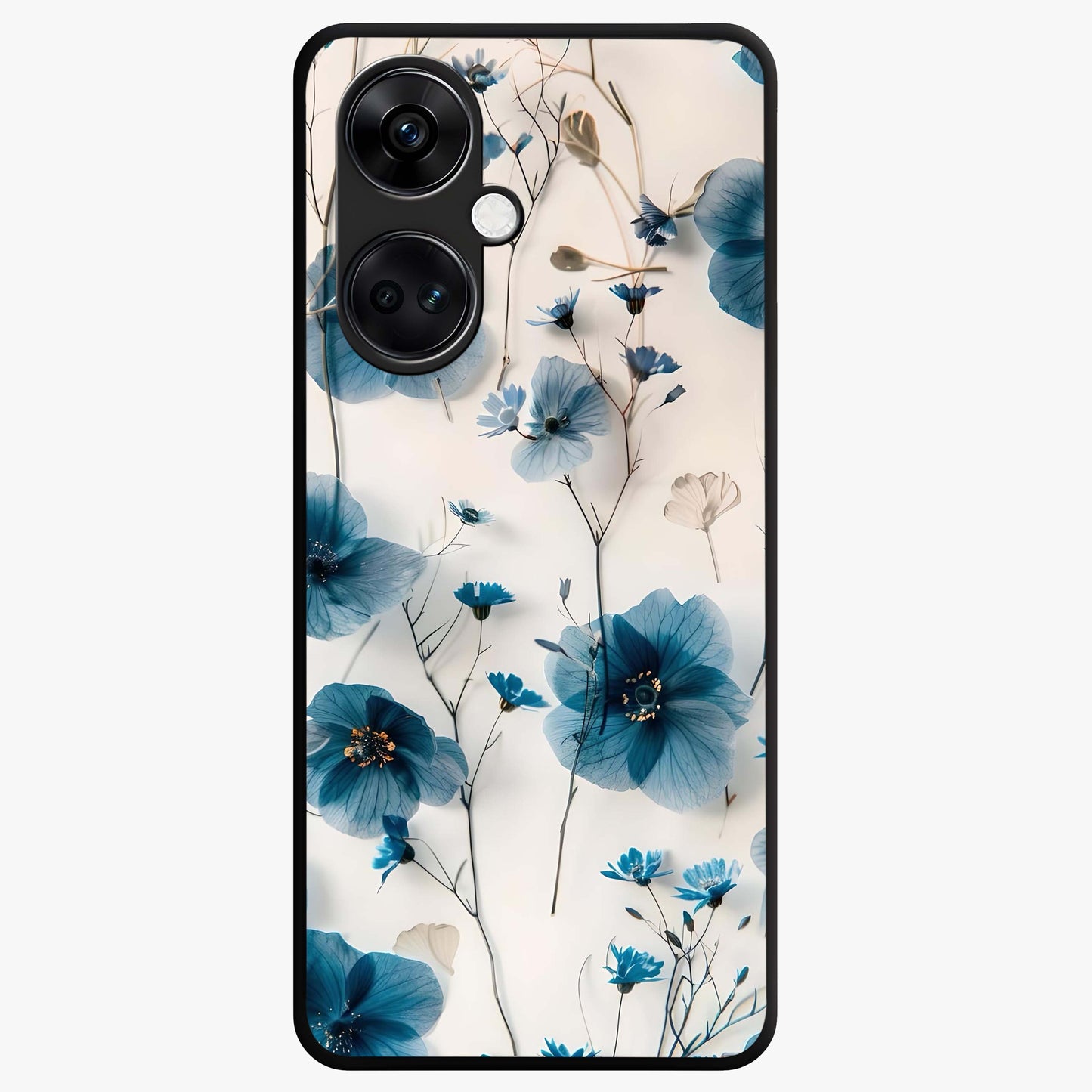 Whispers of Blue Bloom Glass Case for 1+Nord Ce 3 vibrant front view featuring blue floral artwork with soft glow