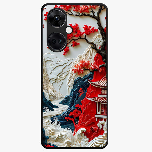 Whispers of Sakura Waves Glass Case for 1+Nord Ce 3 artistic front view featuring cherry blossom artwork blended with flowing waves