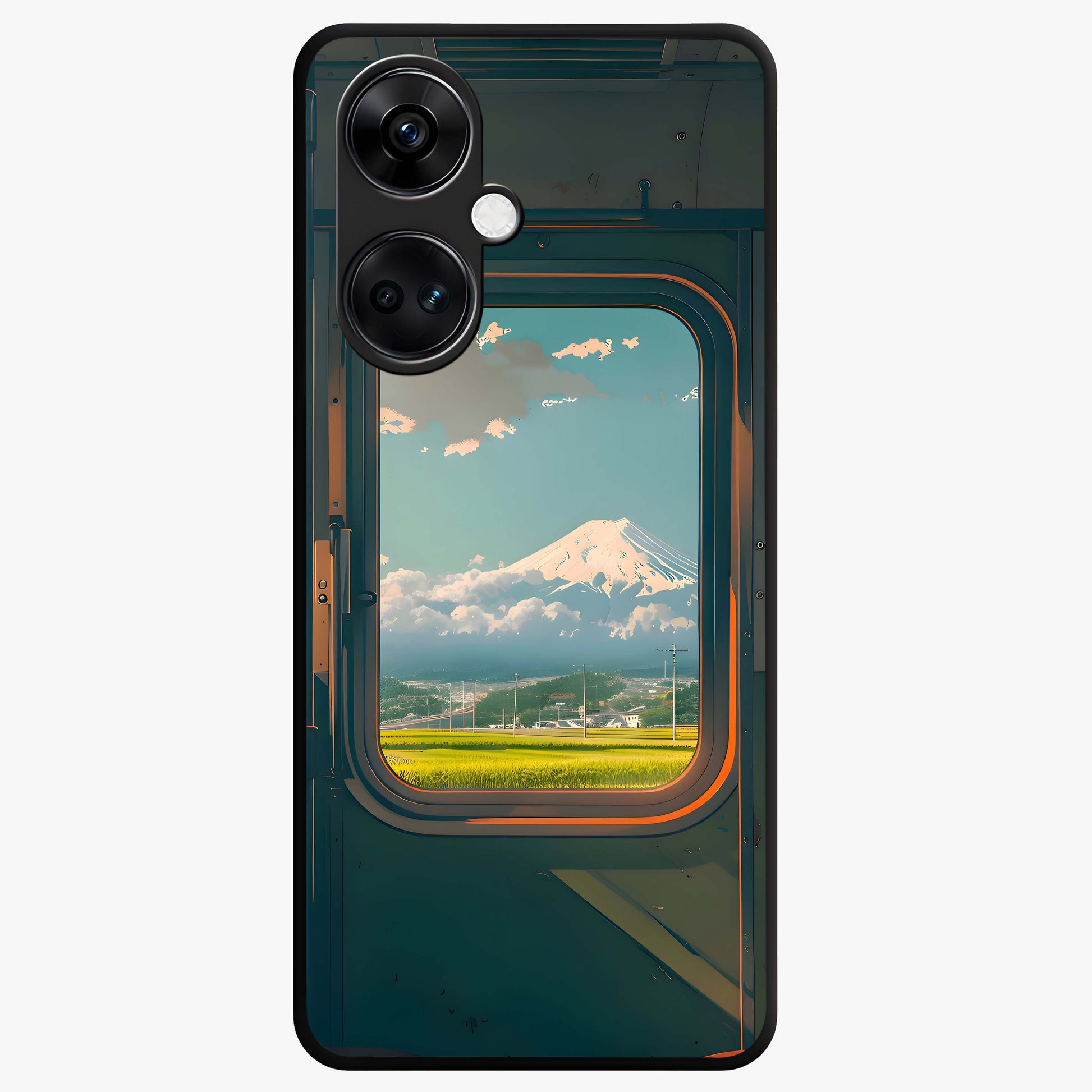 Window to Fuji Glass Case for 1+Nord Ce 3 scenic front view featuring Mount Fuji artwork framed through a window design
