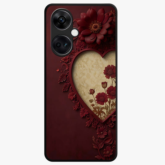 Wine Heart Vintage Art Glass Case for 1+Nord Ce 3 romantic front view featuring heart shaped vintage wine inspired artwork