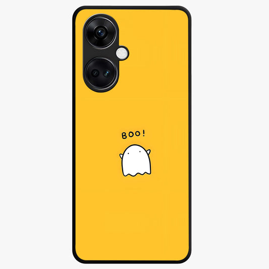 Yellow Boo Ghost Glass Case for 1+Nord Ce 3 playful front view featuring cute ghost artwork in vibrant yellow tones