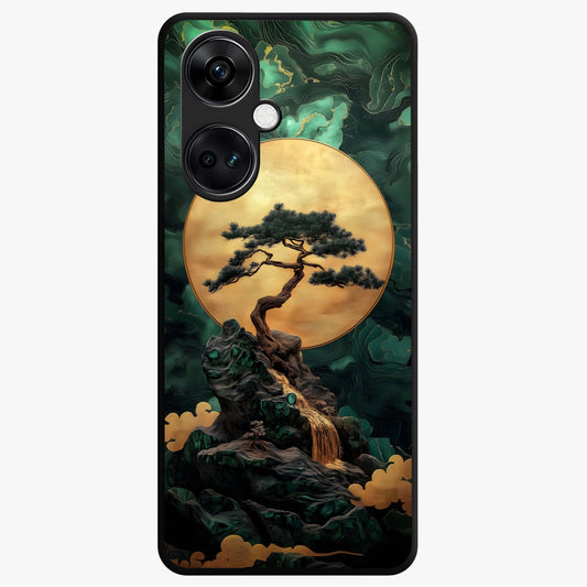 Zen Moon Rise Glass Case for 1+Nord Ce 3 tranquil front view featuring rising moon artwork in minimalist style