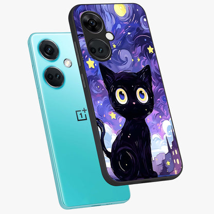 Abstract Cat Art Glass Case for 1+Nord CE 3 premium angled mockup showcasing glossy glass finish and creative feline design