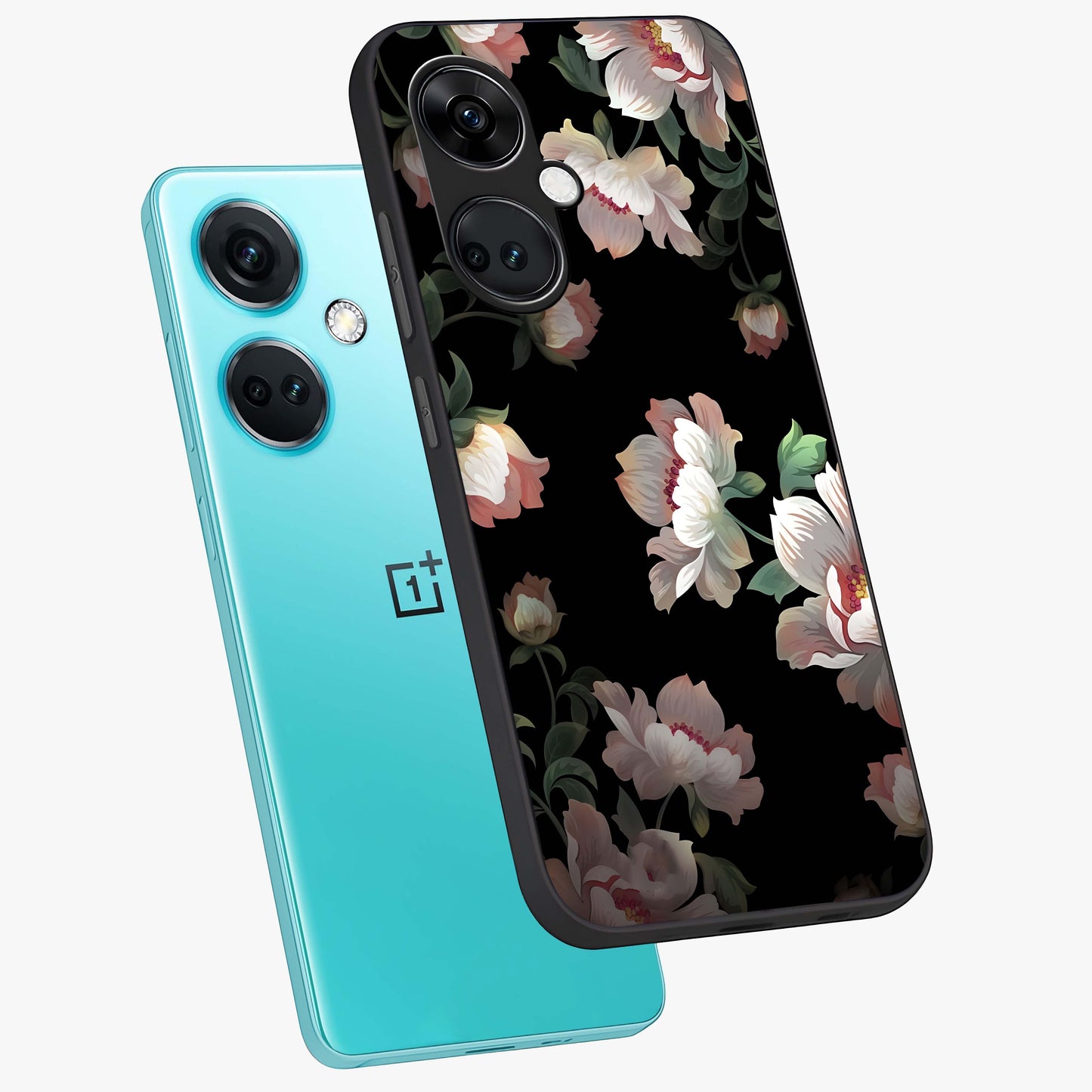 Abstract Embossed Blooming Bright Flower Glass Case for 1+Nord CE 3 angled mockup showcasing glossy surface and detailed bloom design