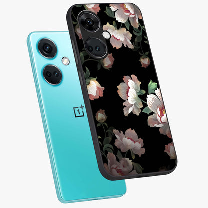 Abstract Embossed Blooming Bright Flower Glass Case for 1+Nord CE 3 angled mockup showcasing glossy surface and detailed bloom design