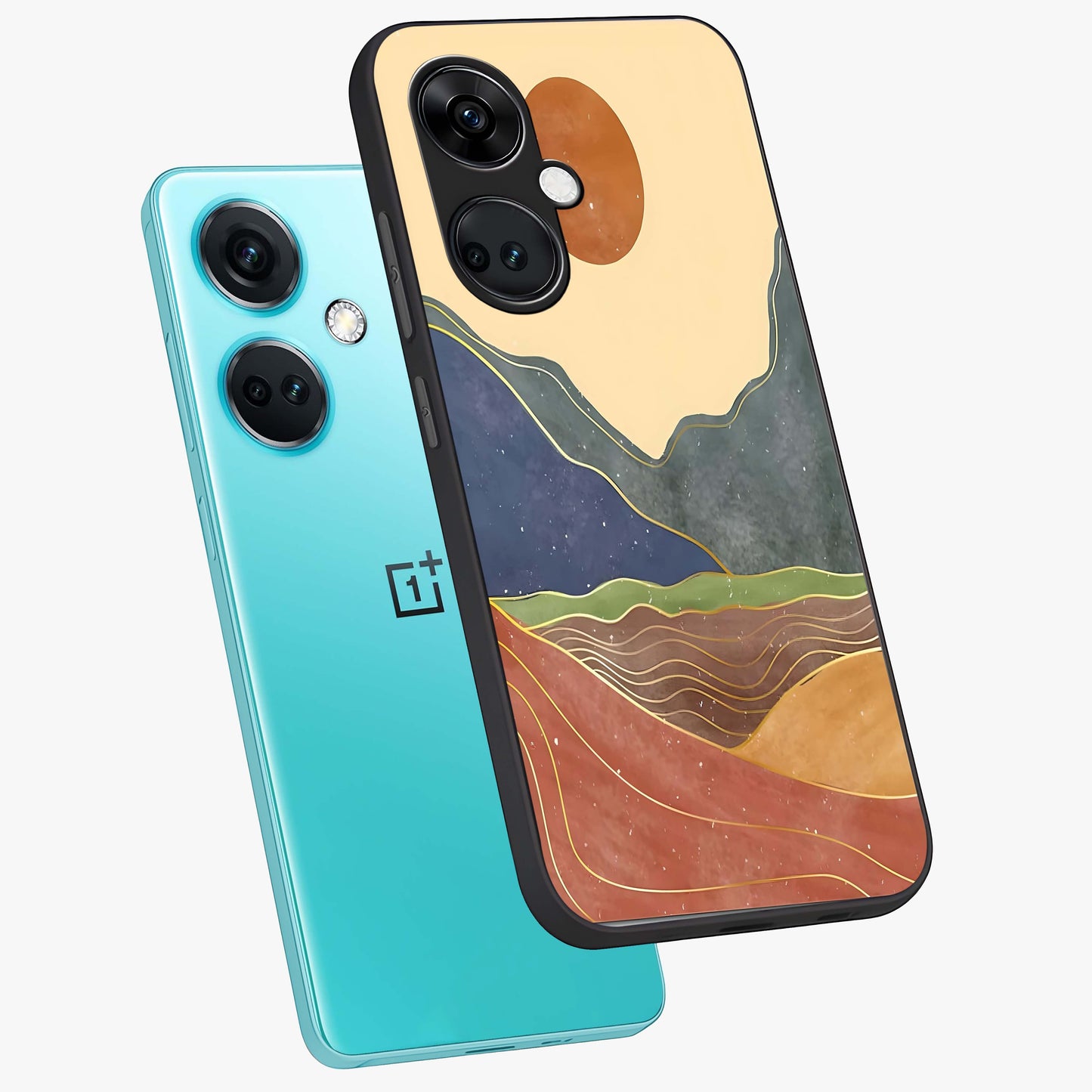 Abstract Mountain Glow Glass Case for 1+Nord CE 3 angled mockup showcasing glossy glass finish and scenic gradient tones
