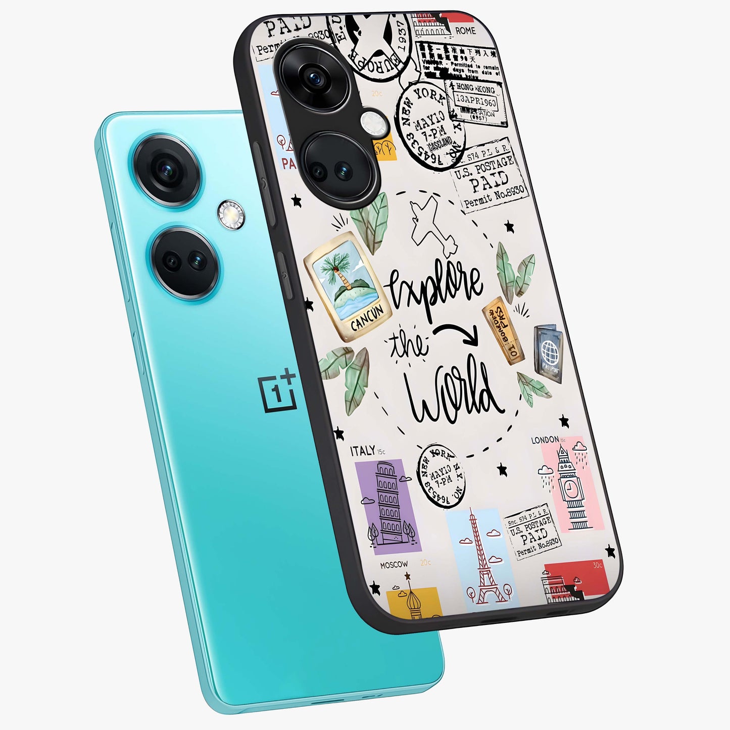 Adventure Awaits Art Glass Case for 1+Nord CE 3 angled display showcasing glossy finish and adventure themed design