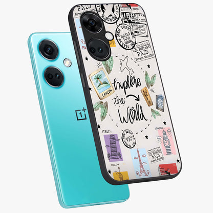 Adventure Awaits Art Glass Case for 1+Nord CE 3 angled display showcasing glossy finish and adventure themed design