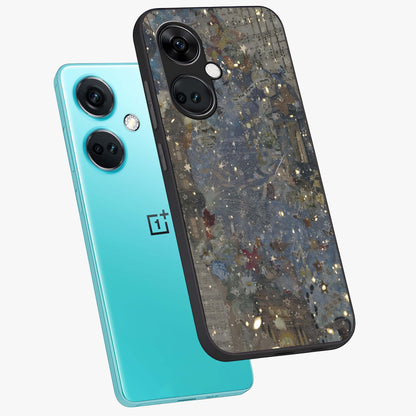 Aesthetic Astrolophia Glass Case for 1+Nord Ce 3 angled mockup showcasing glossy cosmic design and premium glass finish