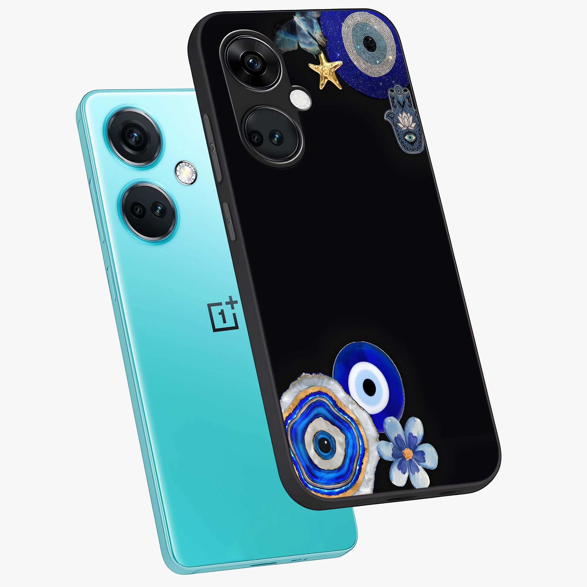 Aesthetic Blue Evil Eye Glass Case for 1+Nord Ce 3 angled mockup showcasing glossy finish and protective symbol design