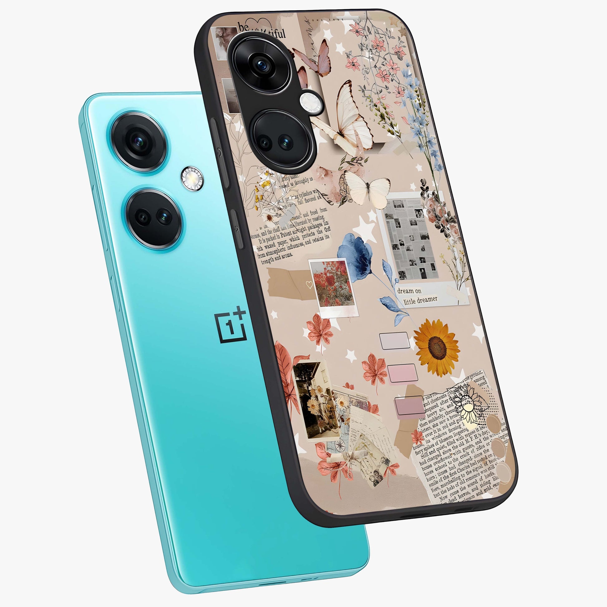 Aesthetic Butterfly Glass Case for 1+Nord CE 3 angled mockup showcasing glossy glass finish and delicate wing details