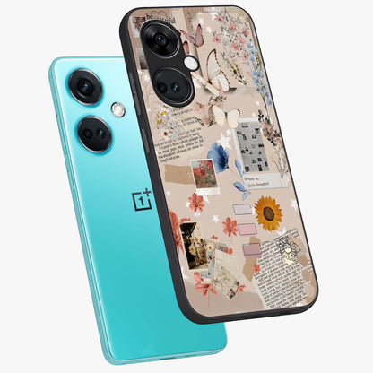 Aesthetic Butterfly Glass Case for 1+Nord CE 3 angled mockup showcasing glossy glass finish and delicate wing details