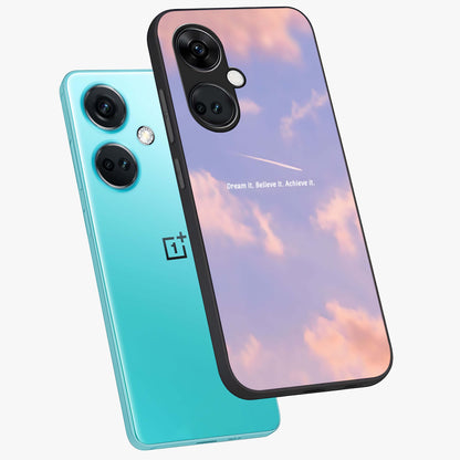 Aesthetic Clouds Dream Glass Case for 1+Nord CE 3 angled mockup showcasing glossy glass finish and sky inspired design