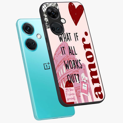 Amor Memory Scrapbook Glass Case for 1+Nord CE 3 angled mockup showcasing glossy finish and layered memory collage design