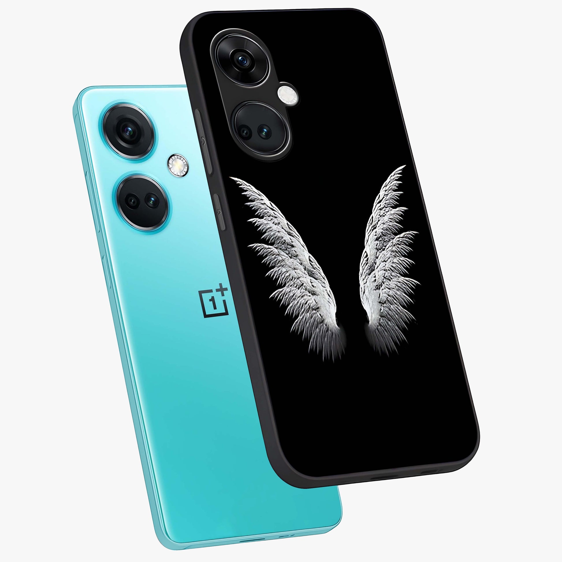 Angel Wing Grace Glass Case for 1+Nord CE 3 angled mockup showcasing glossy finish and graceful feather design
