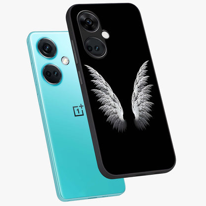 Angel Wing Grace Glass Case for 1+Nord CE 3 angled mockup showcasing glossy finish and graceful feather design
