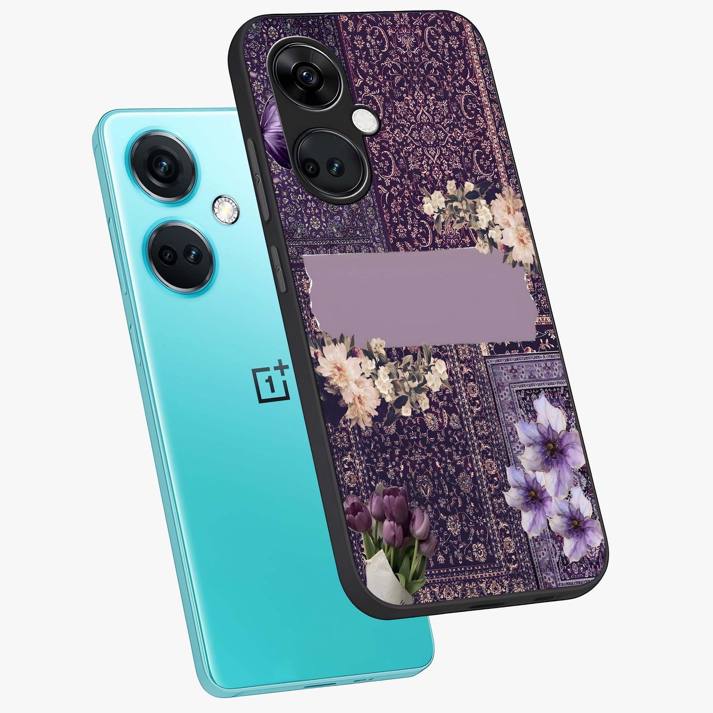 Antique Floral Whisper Glass Case for 1+Nord Ce 3 angled mockup showcasing glossy finish and classic botanical design