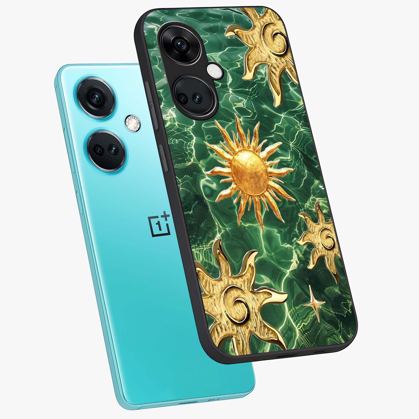 Aqua Sun Mirage Glass Case for 1+Nord Ce 3 angled mockup showcasing glossy glass finish and radiant gradient tones