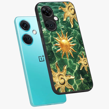 Aqua Sun Mirage Glass Case for 1+Nord Ce 3 angled mockup showcasing glossy glass finish and radiant gradient tones