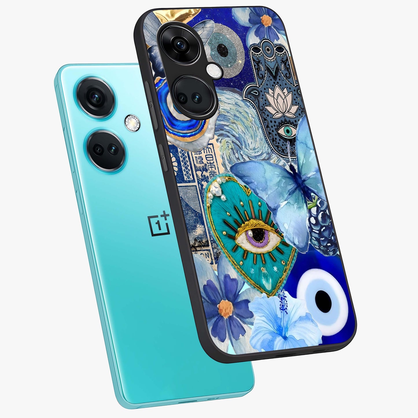 Audrey Zivan Glass Case for 1+Nord CE 3 angled mockup showcasing glossy glass finish and modern visual artwork
