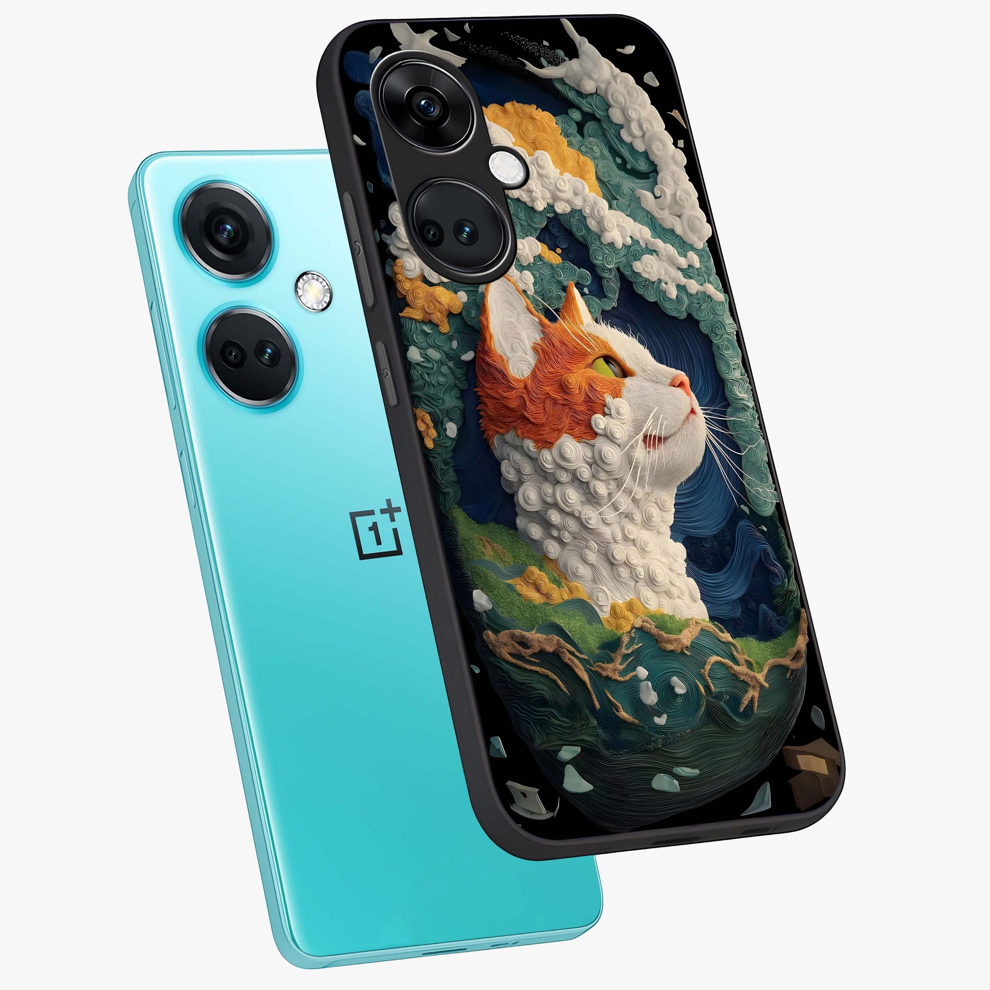 Aurora Cat Dreams Glass Case for 1+Nord CE 3 angled mockup showcasing glossy finish and vibrant cosmic colors