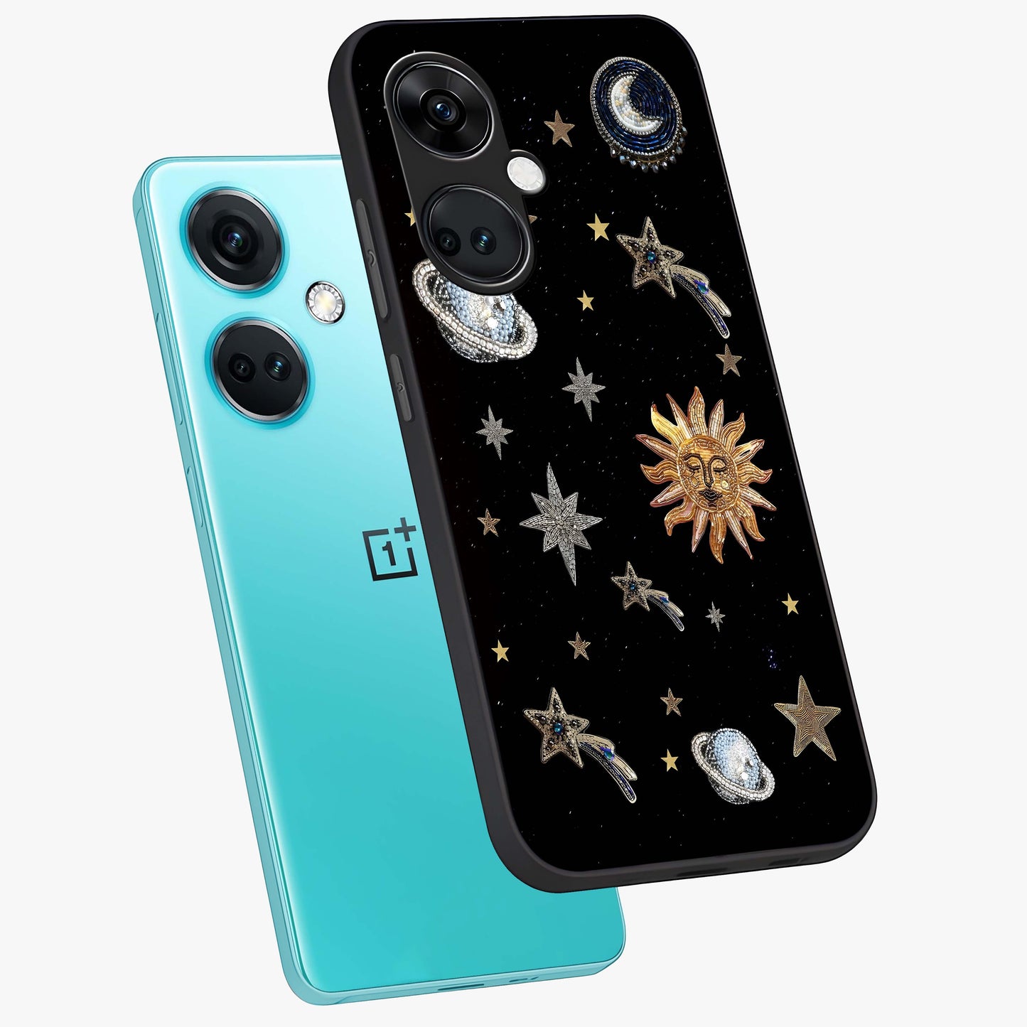 Beaded Cosmic Dreams Glass Case for 1+Nord CE 3 angled mockup showcasing glossy finish and vibrant galaxy detailing