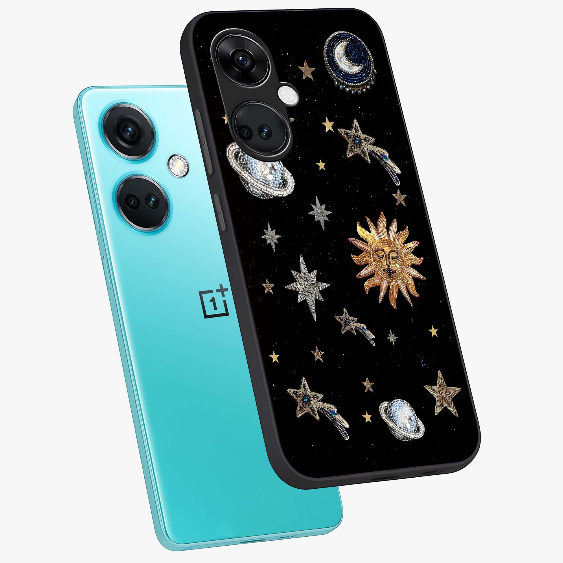 Beaded Cosmic Dreams Glass Case for 1+Nord CE 3 angled mockup showcasing glossy finish and vibrant galaxy detailing