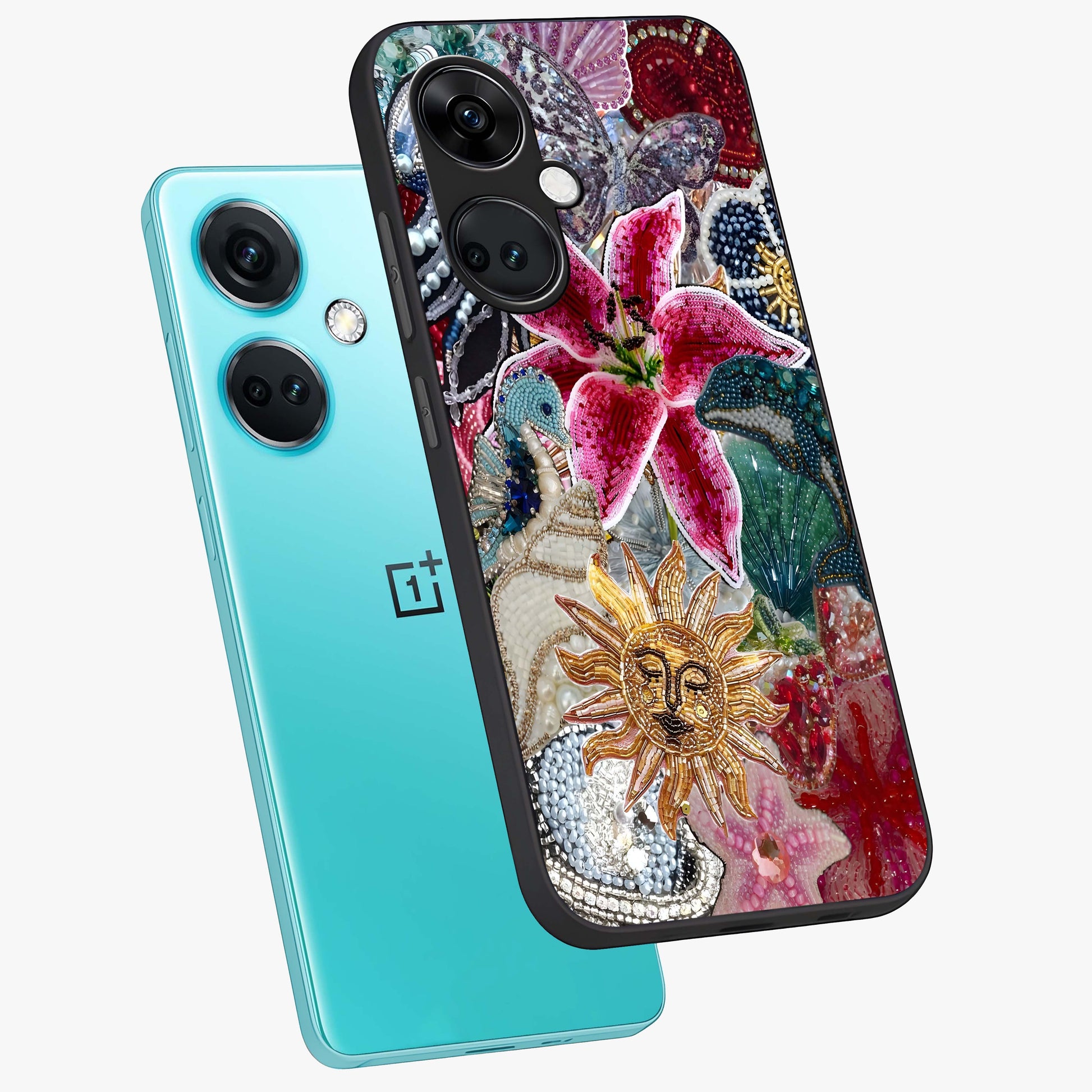 Beaded Garden Fantasy Glass Case for 1+Nord Ce 3 angled mockup showcasing glossy finish and detailed fantasy design