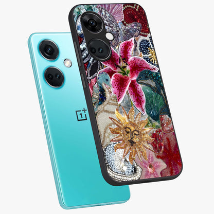 Beaded Garden Fantasy Glass Case for 1+Nord Ce 3 angled mockup showcasing glossy finish and detailed fantasy design