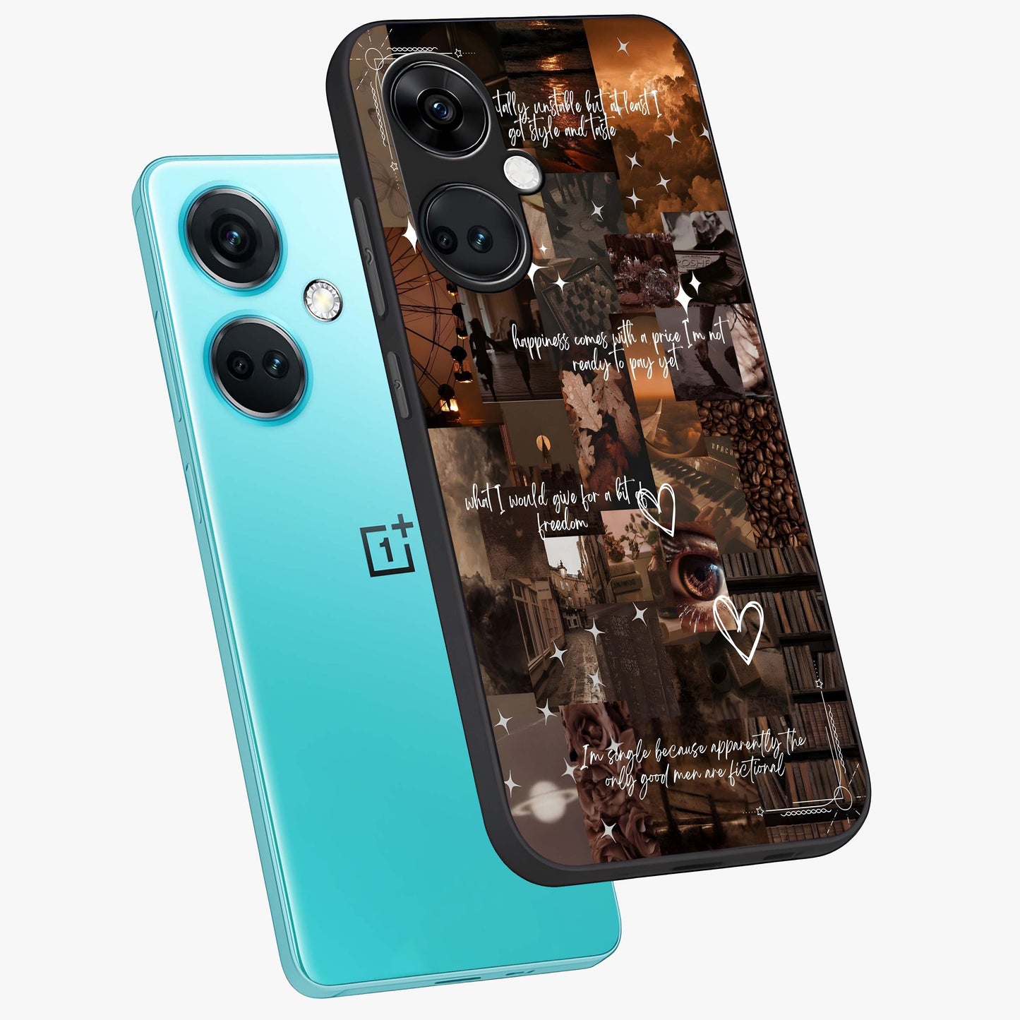Bittersweet Aesthetic Chaos Glass Case for 1+Nord CE 3 angled mockup showcasing glossy finish and artistic chaotic design