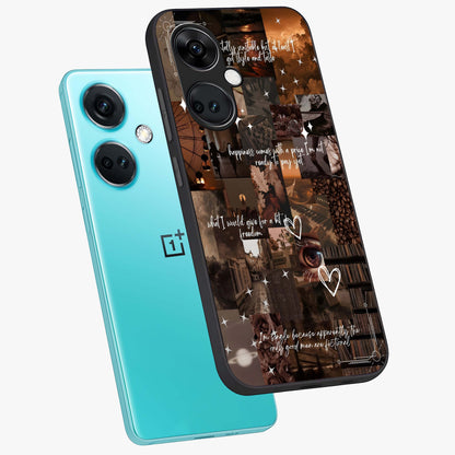 Bittersweet Aesthetic Chaos Glass Case for 1+Nord CE 3 angled mockup showcasing glossy finish and artistic chaotic design