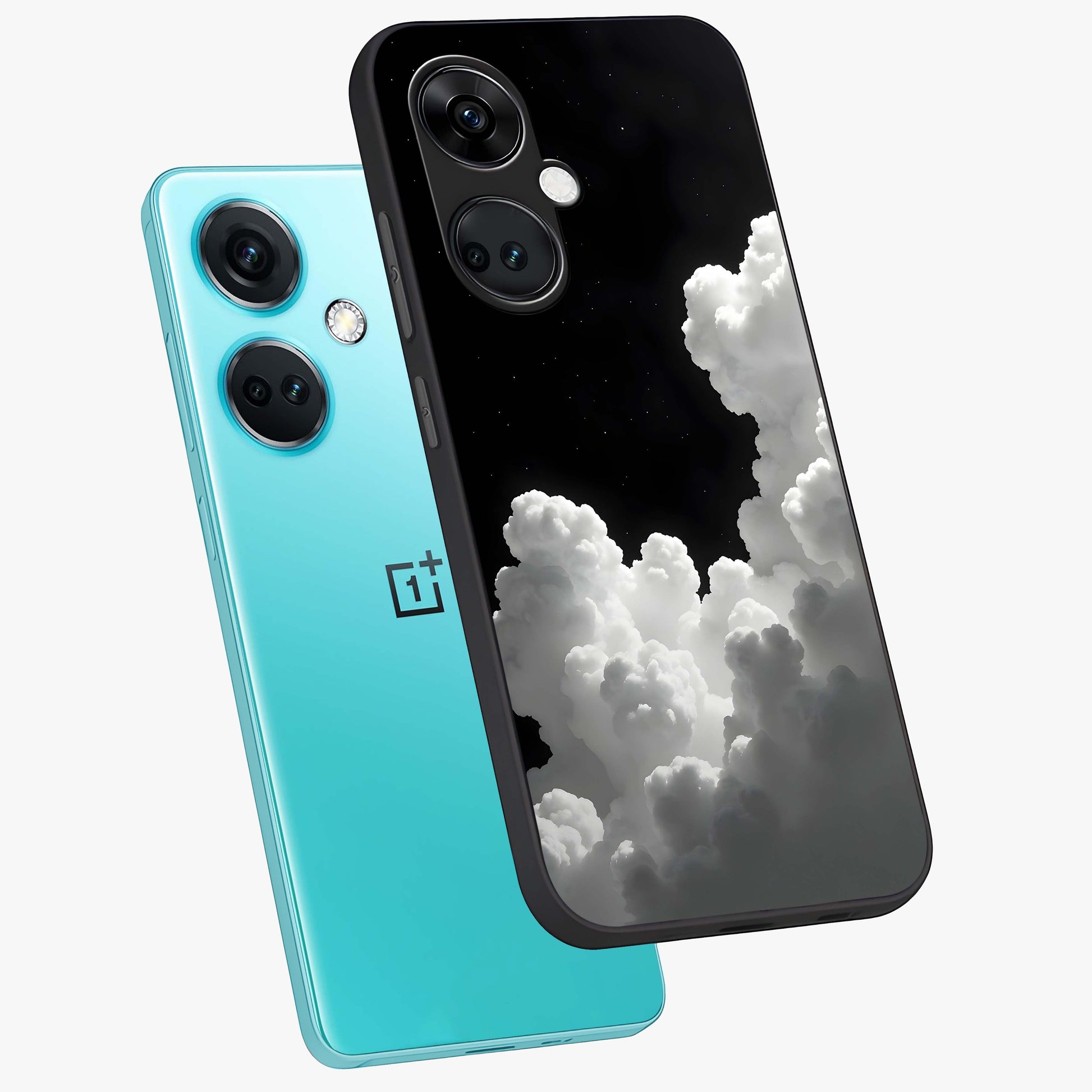 Black Background With White Cloud Glass Case for 1+Nord CE 3 angled mockup showcasing glossy finish and high contrast design
