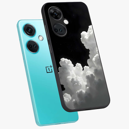 Black Background With White Cloud Glass Case for 1+Nord CE 3 angled mockup showcasing glossy finish and high contrast design