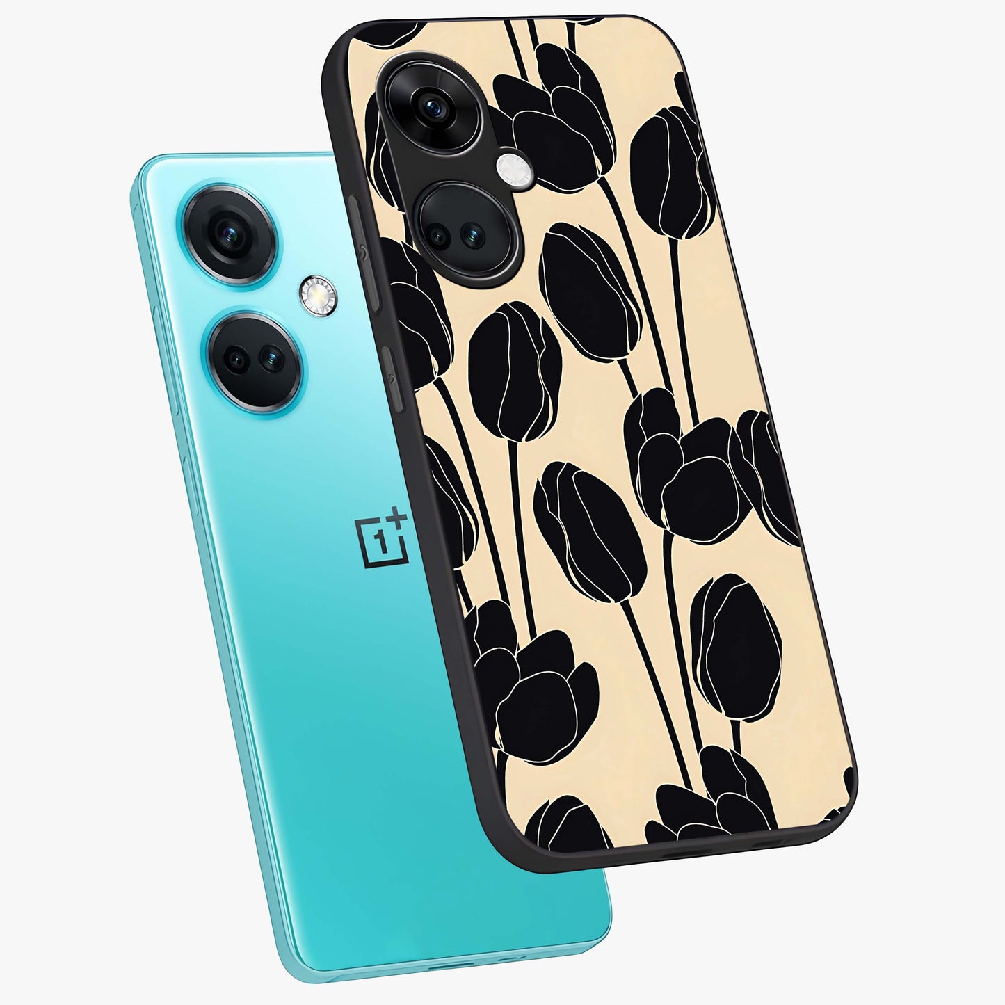 Black Designer Tulip Glass Case for 1+Nord Ce 3 angled mockup showcasing glossy finish and premium floral detailing