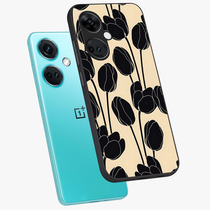 Black Designer Tulip Glass Case for 1+Nord Ce 3 angled mockup showcasing glossy finish and premium floral detailing