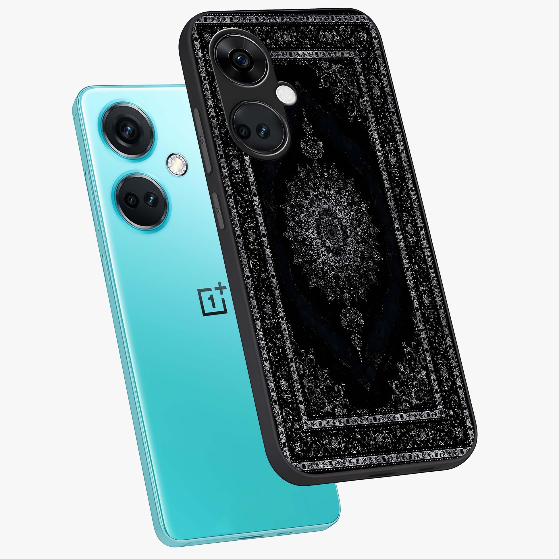 Black Persian Carpet Glass Case for 1+Nord CE 3 angled mockup showcasing glossy finish and detailed ornamental design