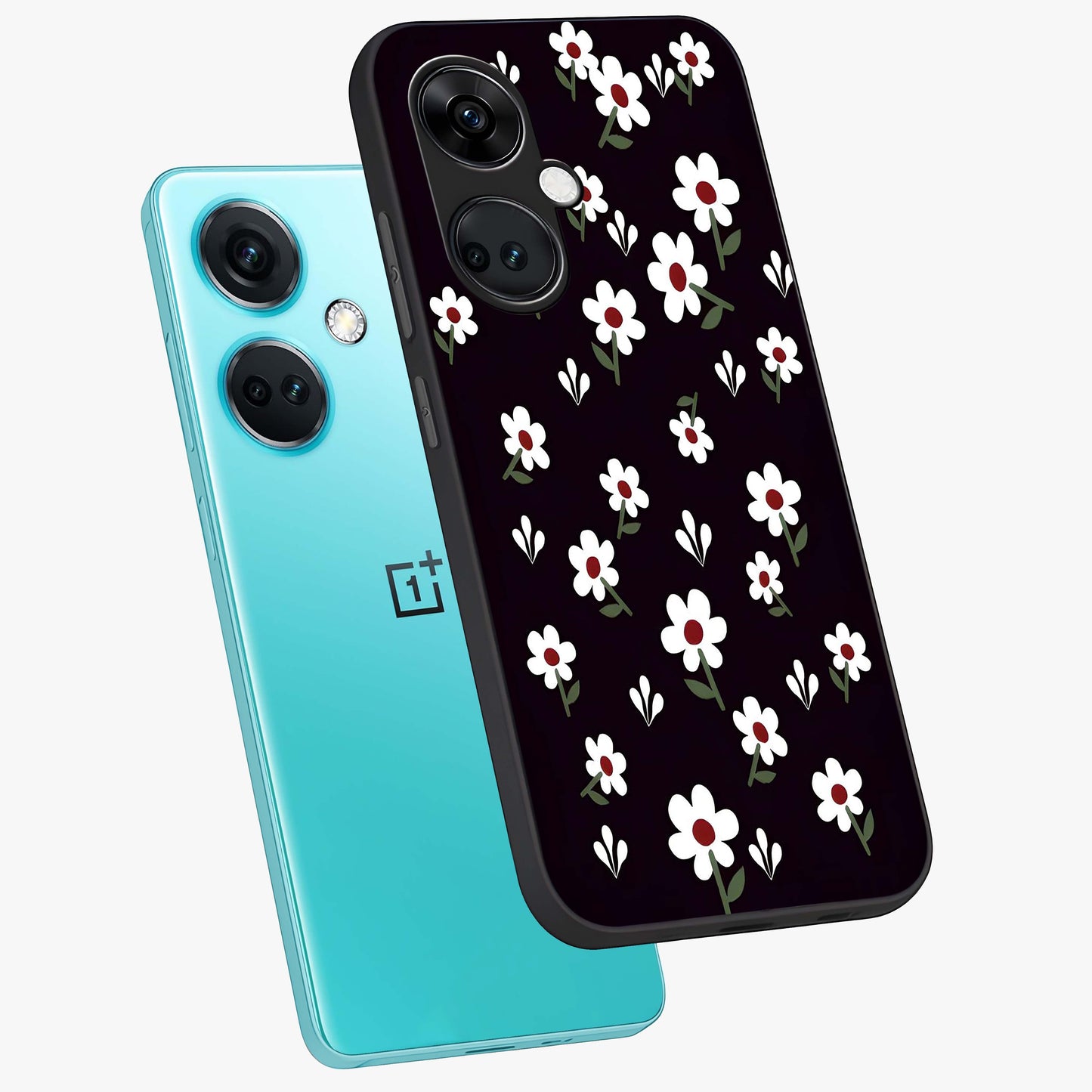 Black Prints Daisy Flower Pattern Glass Case for 1+Nord CE 3 angled mockup showcasing glossy finish and bold floral contrast