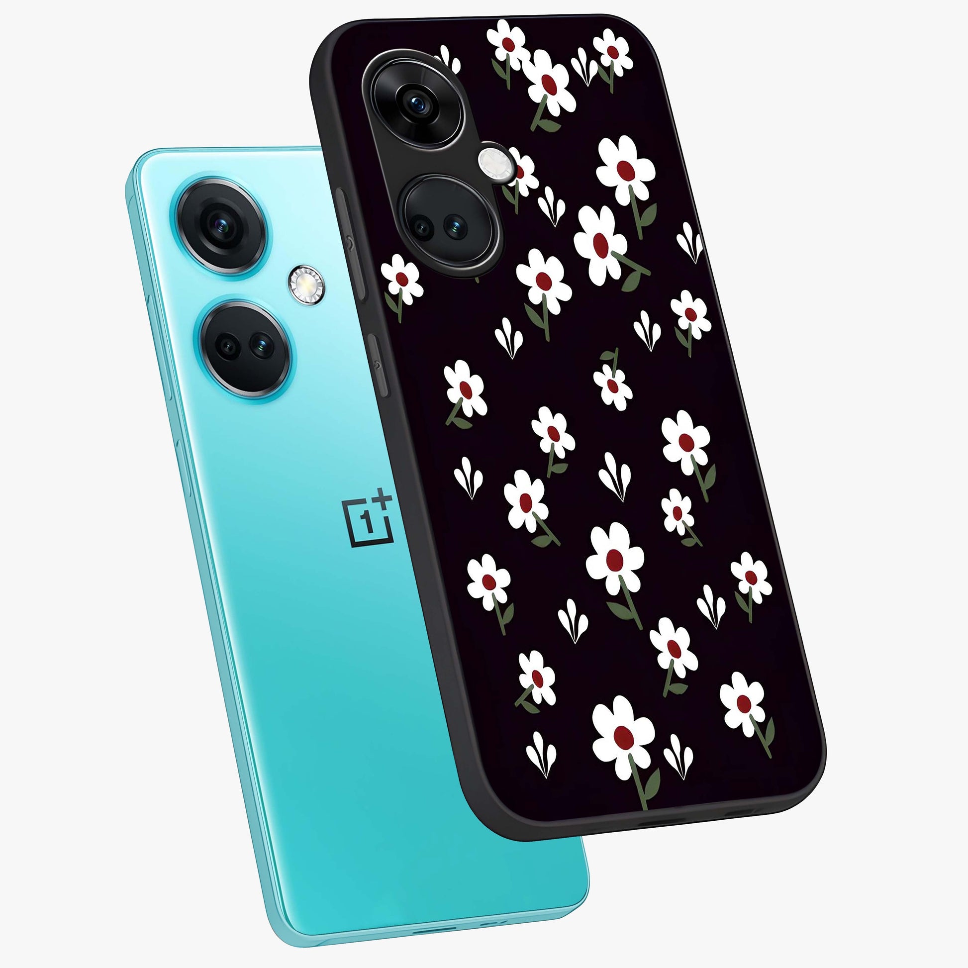 Black Prints Daisy Flower Pattern Glass Case for 1+Nord CE 3 angled mockup showcasing glossy finish and bold floral contrast