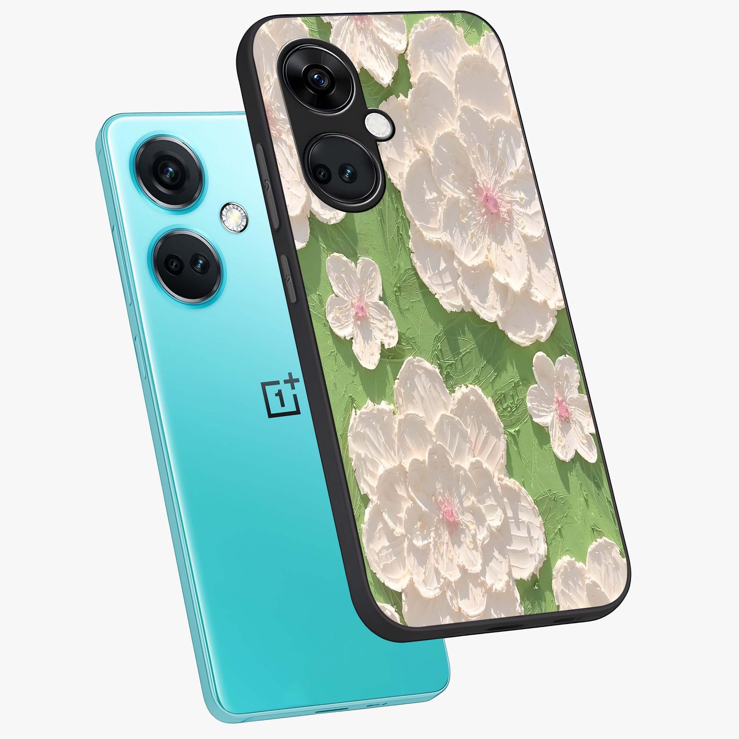 Blossom Meadow Dreams Glass Case for 1+Nord CE 3 angled mockup showcasing glossy finish and pastel bloom textures