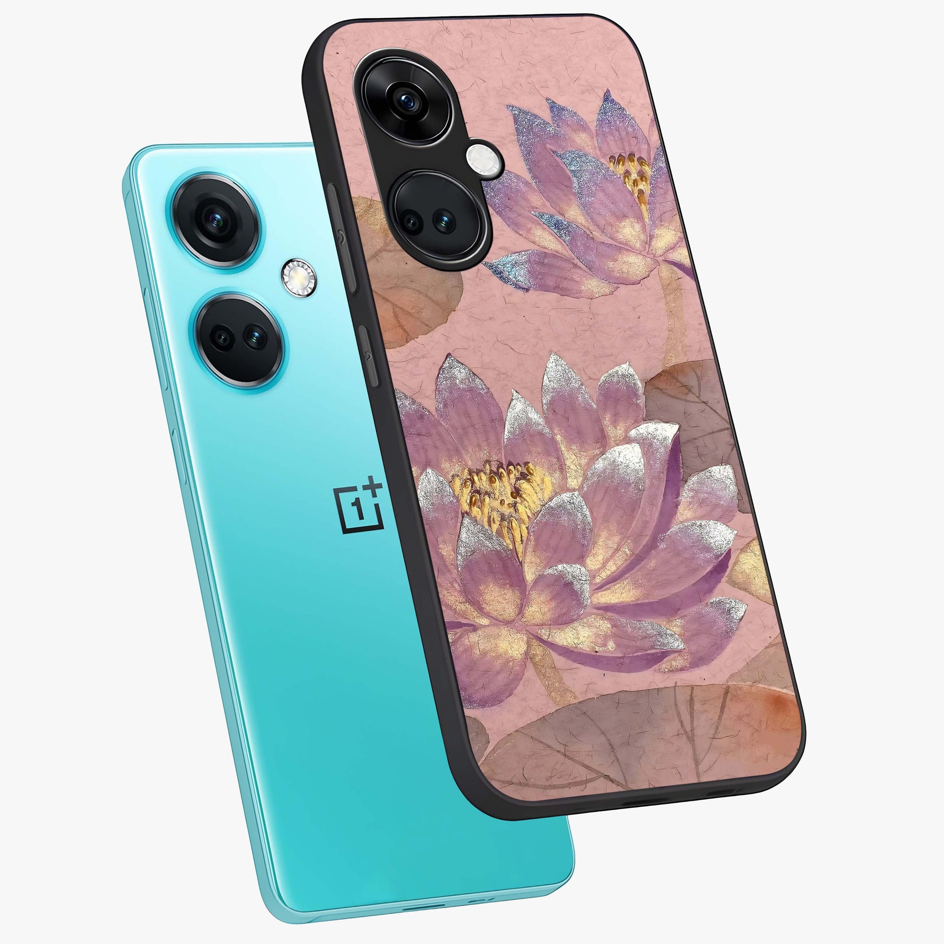 Blossom Mist Lotus Glass Case for 1+Nord CE 3 angled mockup showcasing glossy finish and peaceful floral detailing