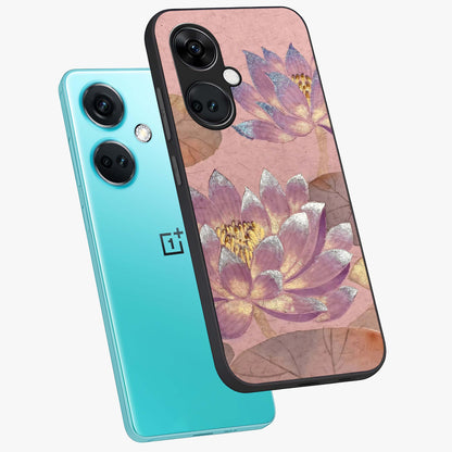 Blossom Mist Lotus Glass Case for 1+Nord CE 3 angled mockup showcasing glossy finish and peaceful floral detailing