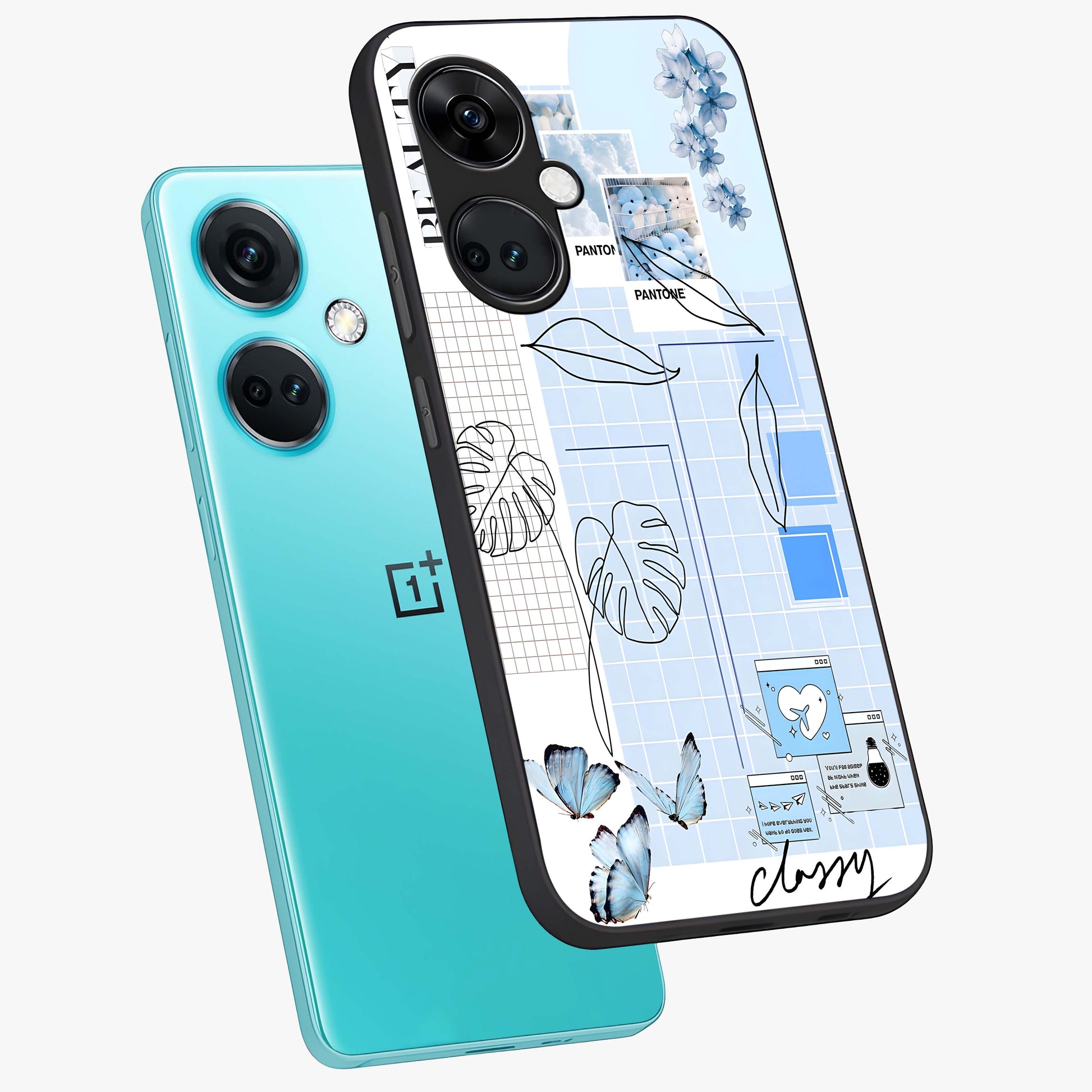 Blue Aesthetic Flower Glass Case for 1+Nord CE 3 angled mockup showcasing glossy finish and delicate bloom design