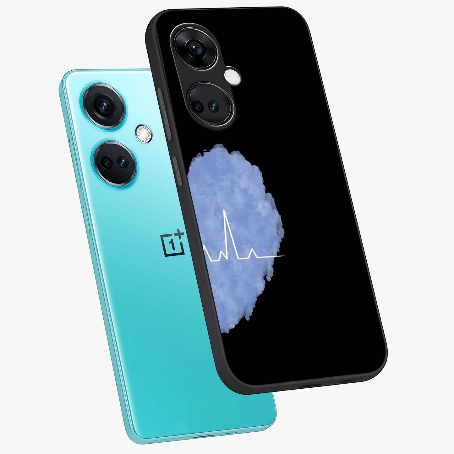 Blue Pulse Bond Glass Case for 1+Nord Ce 3 angled mockup showcasing glossy glass finish and vibrant energy design