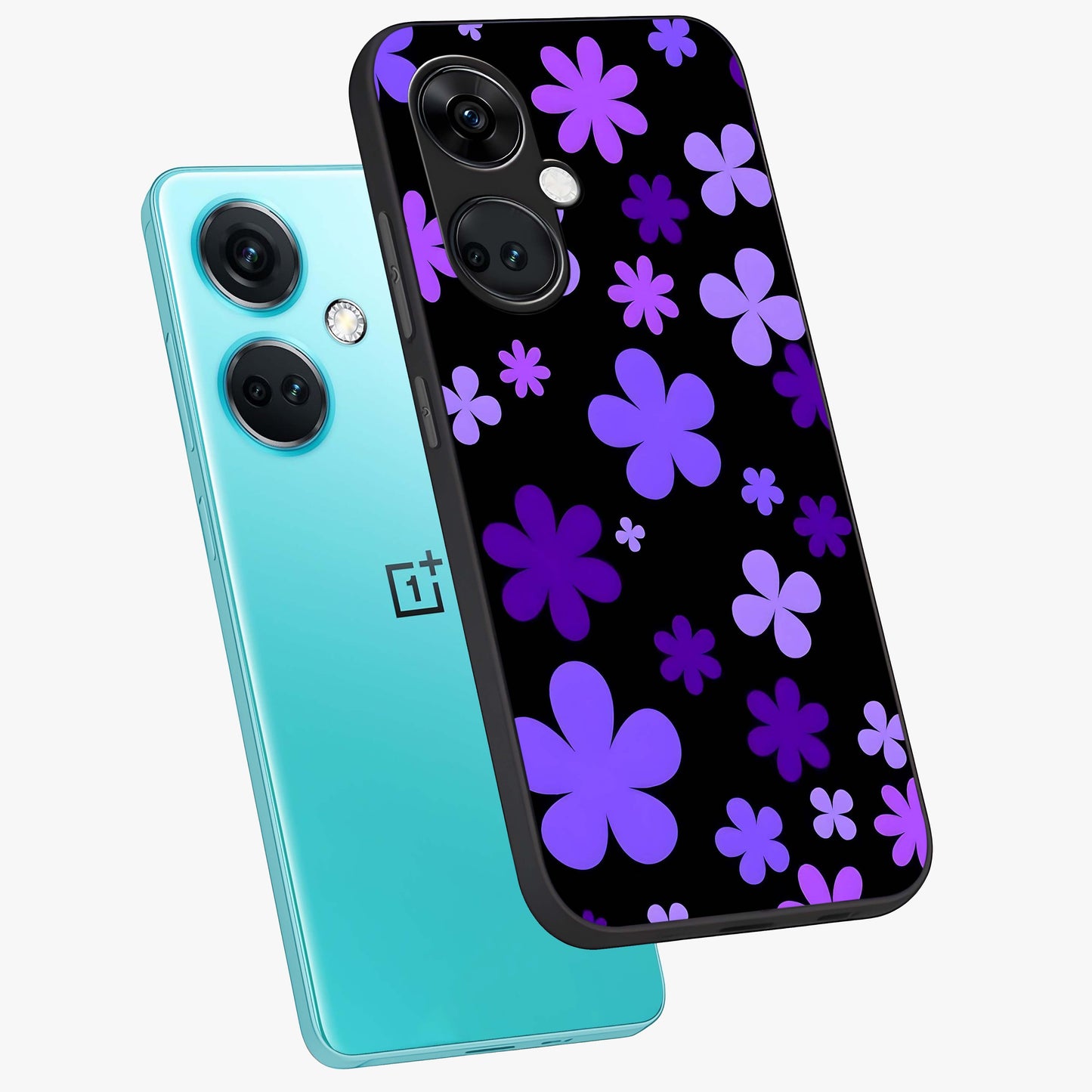 Blue Retro Pop Flowers Glass Case for 1+Nord CE 3 angled mockup showcasing glossy finish and playful pop flower design