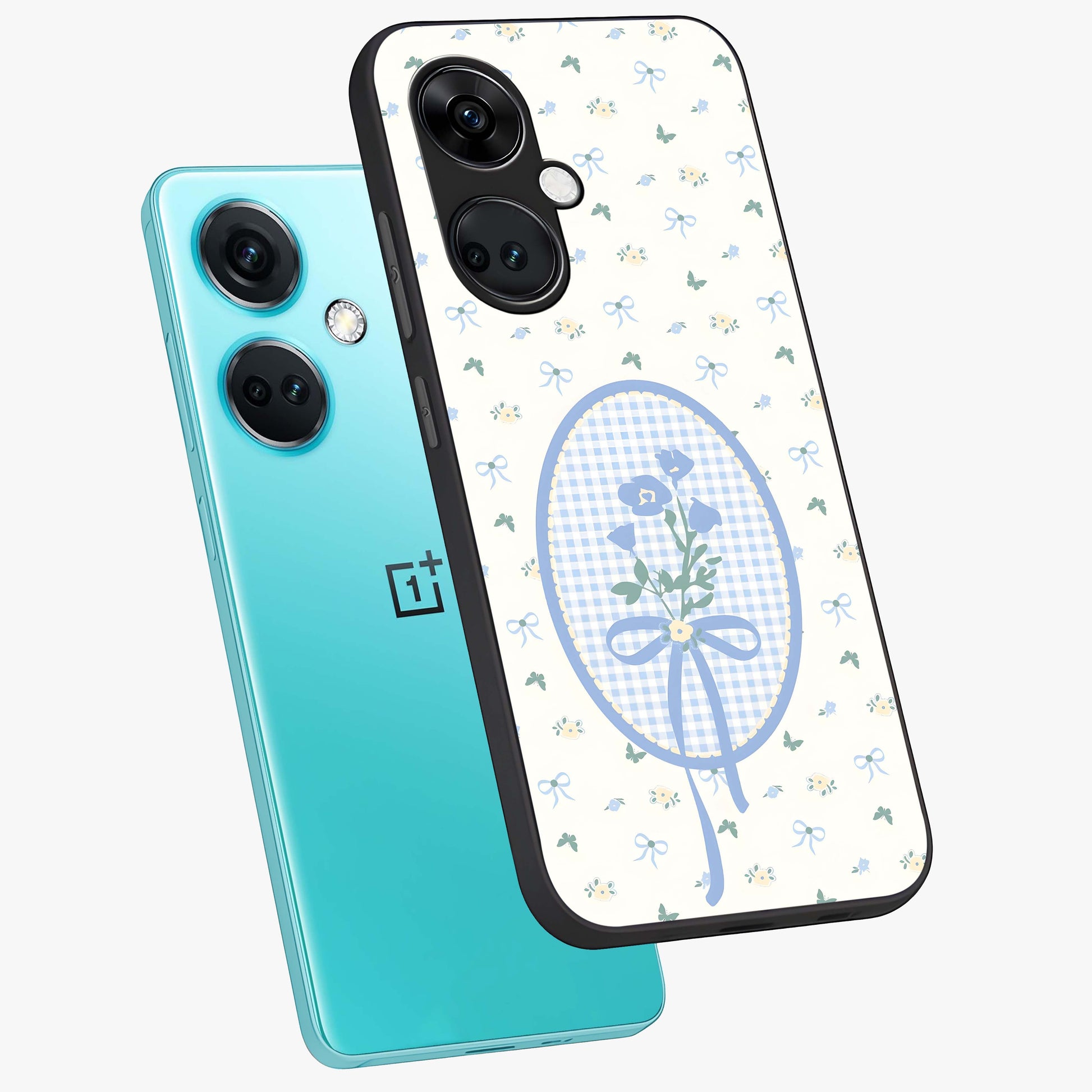 Blue Ribbon Bloom Glass Case for 1+Nord CE 3 angled mockup showcasing glossy finish and delicate bloom detailing